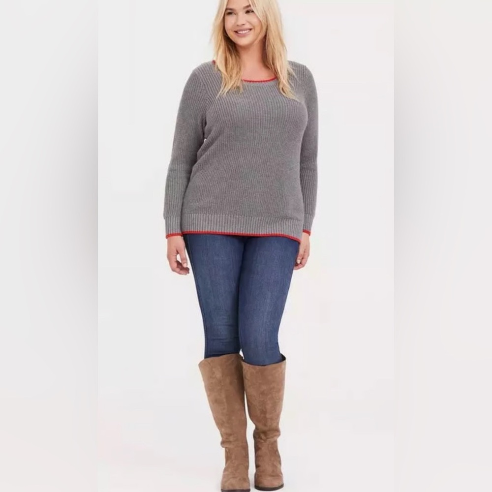 Torrid Rib Trim Pullover Sweater. Gray Sweater with orange/red-ish Accents